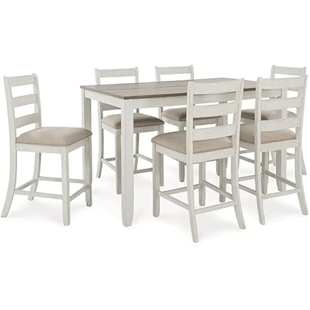 7 Set Minimalist Modern Farmhouse Counter Height Dining Table and Upholstered Bar Stools , White & Light Brown