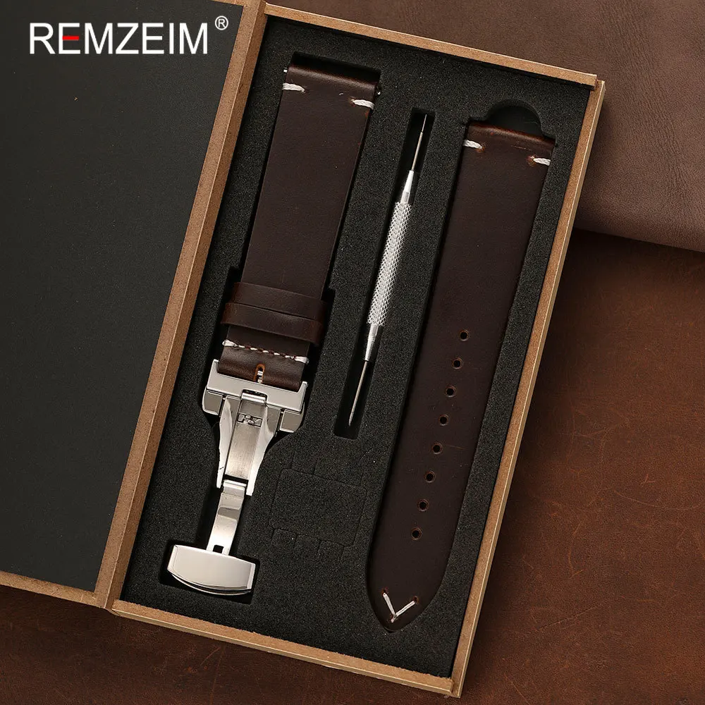 Herren-Uhrenarmband aus Ölwachsleder, 18 mm, 20 mm, 22 mm, Schnellverschluss, Schmetterlingsverschluss, Ersatz-Armband mit Geschenkbox