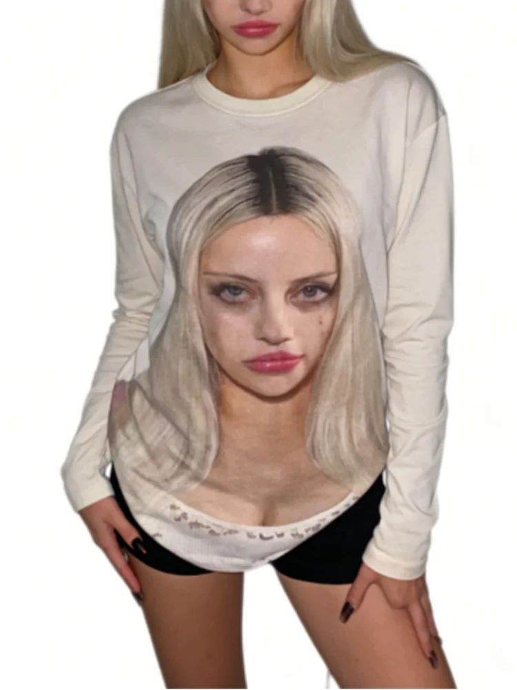 Graphic Print Long Sleeve Tee Women Oversized Crewneck T-Shirt Vintage Washed Distressed Detail Y2K Grunge Aesthetic Streetwear