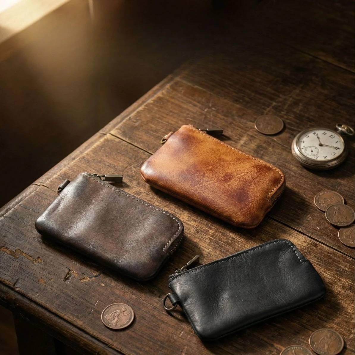Genuine Leather Zipper Coin Pouch for Men - Compact Mini Change Organizer with Metal Ring, Slim Wallet for Cards, Coins & Keys