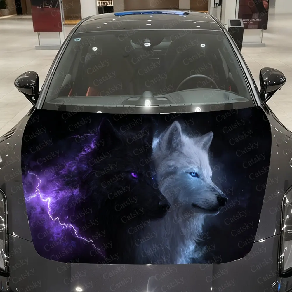 Purple Eyed Twin Wolves Thunder Realm Car Vinyl Wrap, PVC Waterproof Car Hood Sticker, Self-Adhesive Scratch-Resistant Stickers