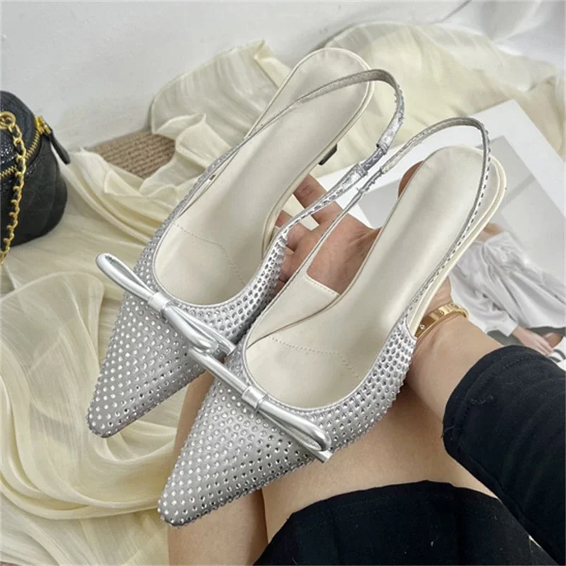 Eilyken Elegant Silk CRYSTAL Women Pumps Sexy Pointed Toe Low Thin Heels Wedding Banquet Dress Slingbacks Mule Ladies Shoes