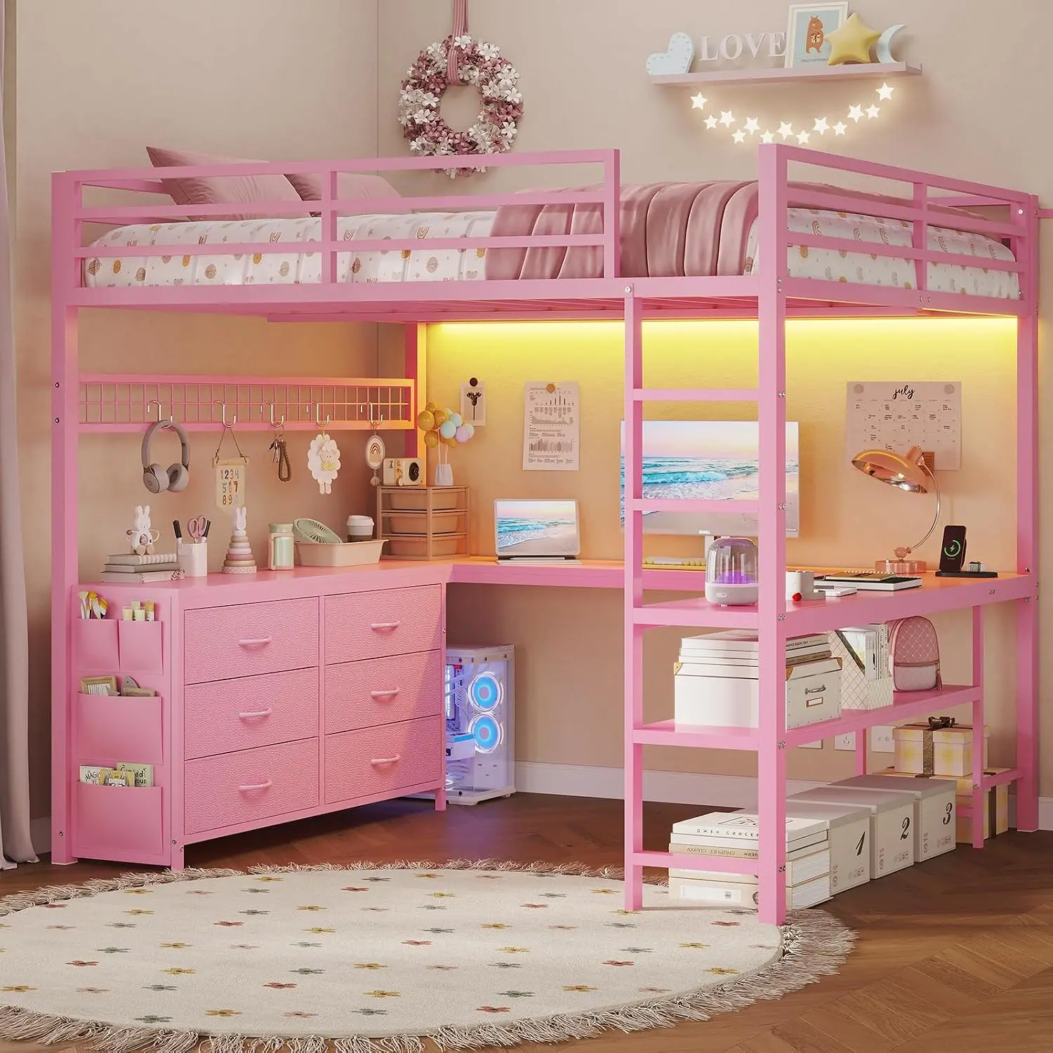 Full size loft bed with U-shaped workstation and integrated drawer storage