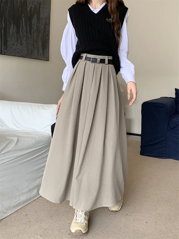 2026 New Korean Skirt Women Solid Color Versatile Mid-length Pleated Skirt Large Swing Type Skirt Female Long Skirts for Women