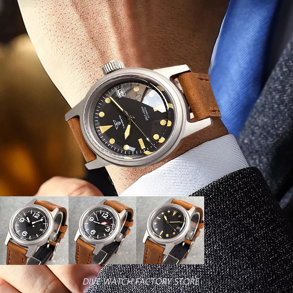 36mm Tandorio Retro Sandblasted Automatic Watch for Men NH35 PT5000 Double Bow Domed Sapphire Crystal Luminous Markers 20BAR