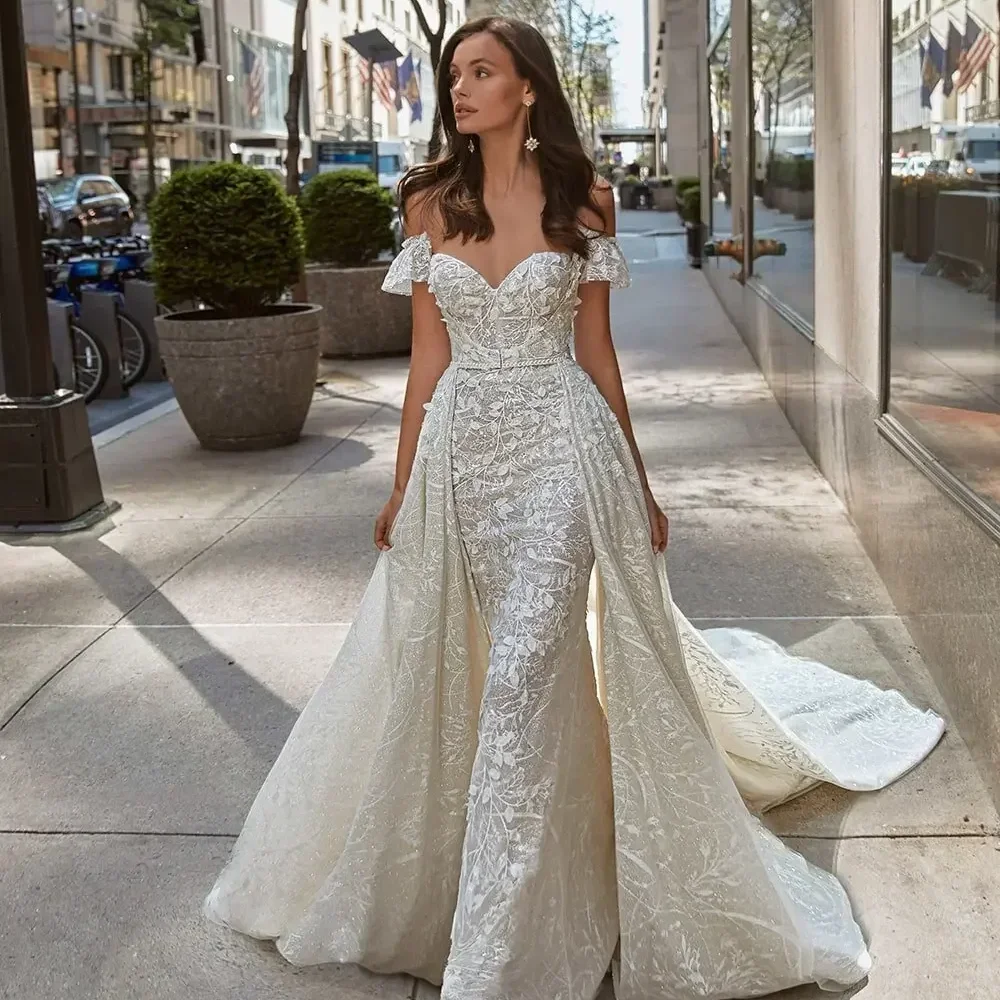 فاخر قبالة الكتف الحبيب حورية البحر فستان الزفاف انفصال رداء أنيق الدانتيل صائق حديقة فستان العروس حسب الطلب #1