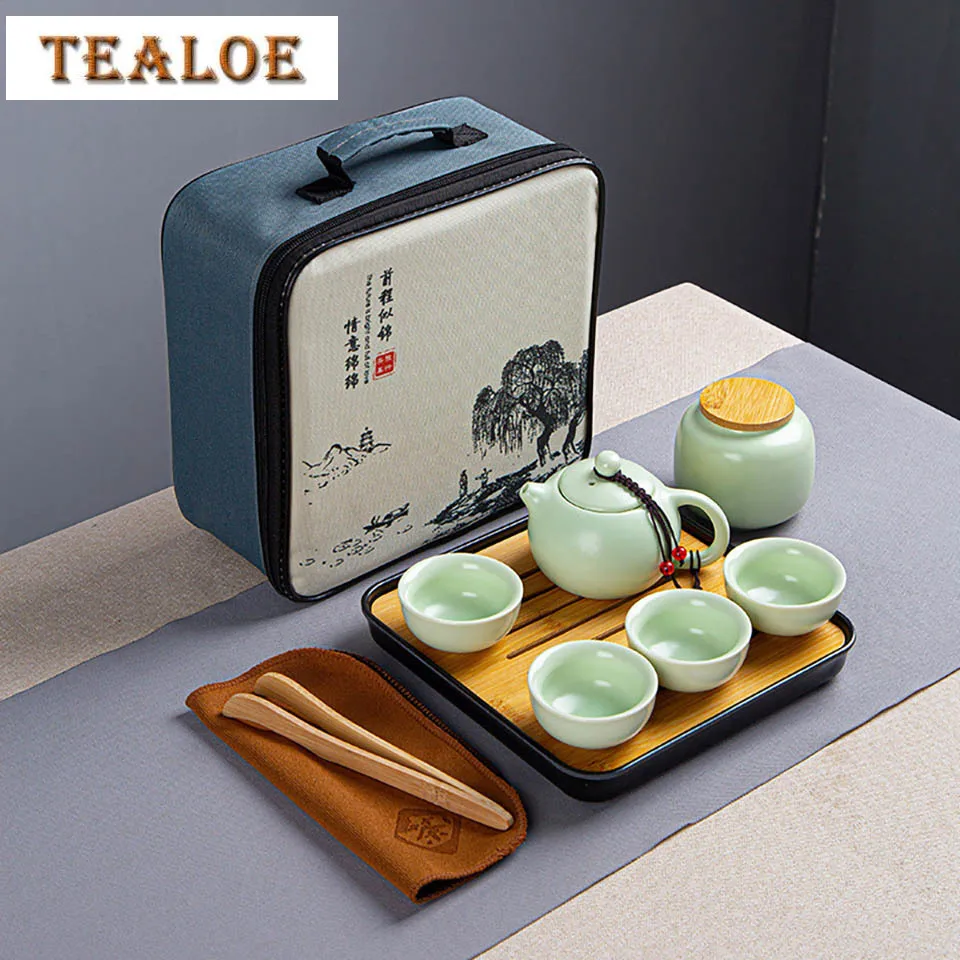 

Chinese Tea Travel Set Kung Fu Ceramic Portable Teacups Teapot Porcelain Gaiwan Cups Ceremony Tools Handmade Mini XiShi Pot