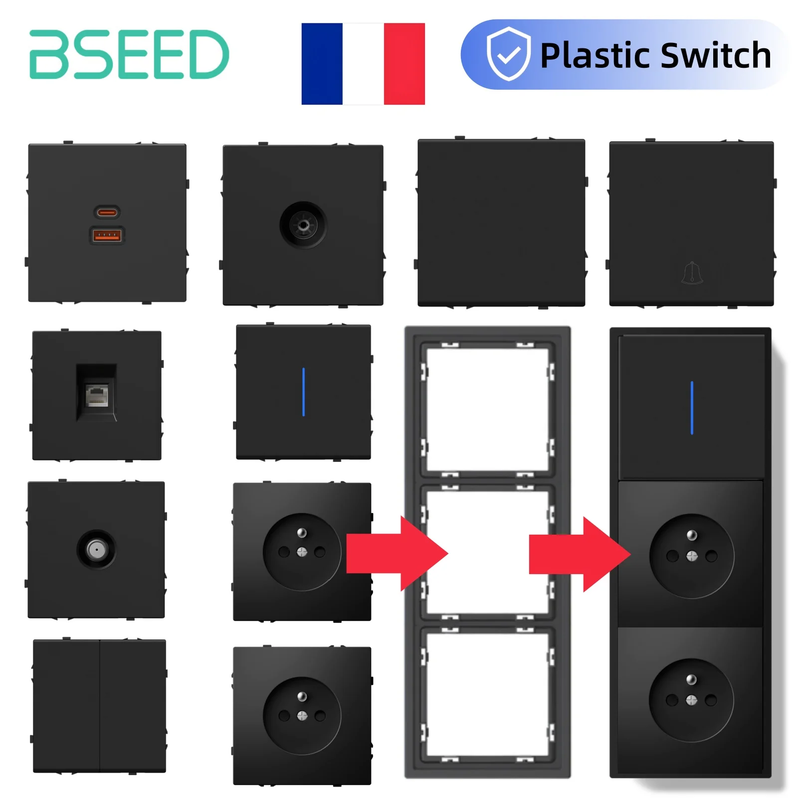 

BSEED DIY Модуль кнопочного переключателя USB-телефон Зарядка FR Детали розетки Настенный светильник Большой переключатель Пластиковая рамка Комбинация серии E