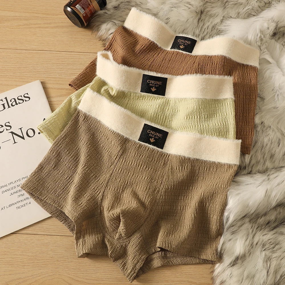 

Осенне-зимние теплые плюшевые боксеры на талии, мужские гигроскопические дышащие шелковые сетчатые мужские трусы с промежностью, антибактериальное нижнее белье