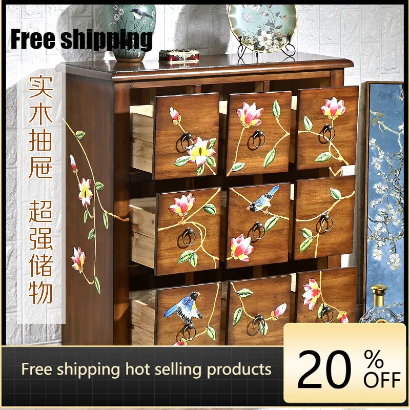 LD new Chinese camphor wood retro solid wood painted storage cabinet American side cabinet