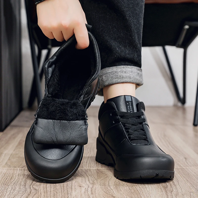 

Leather Men's Cotton Boots 2026 New Winter Platform Warm Fur Ankle Short Boots Slip on Fashion Men Casual Work Shoes Botas