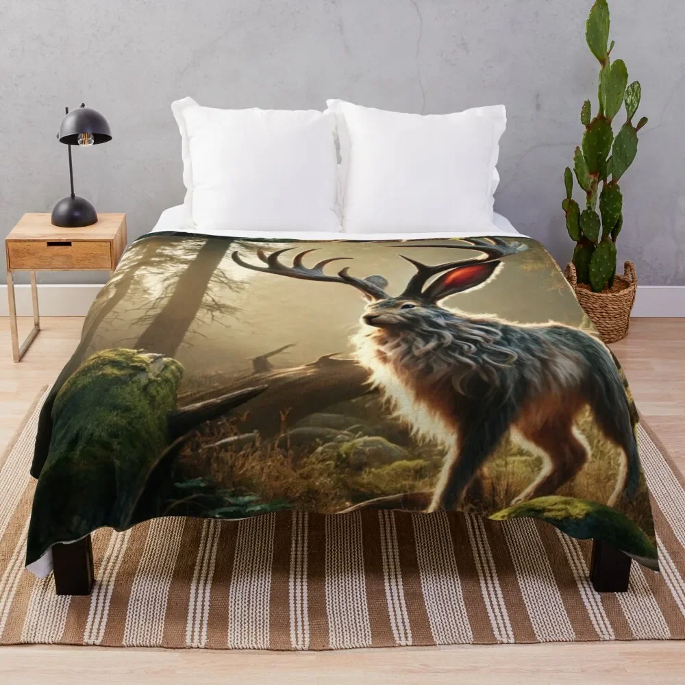 

Fantasy Hybrid Jackrabbit-Antelope (Jackalope) in Enchanted Forest Throw Blanket Cozy Warm Blanket for Bed Room Decor