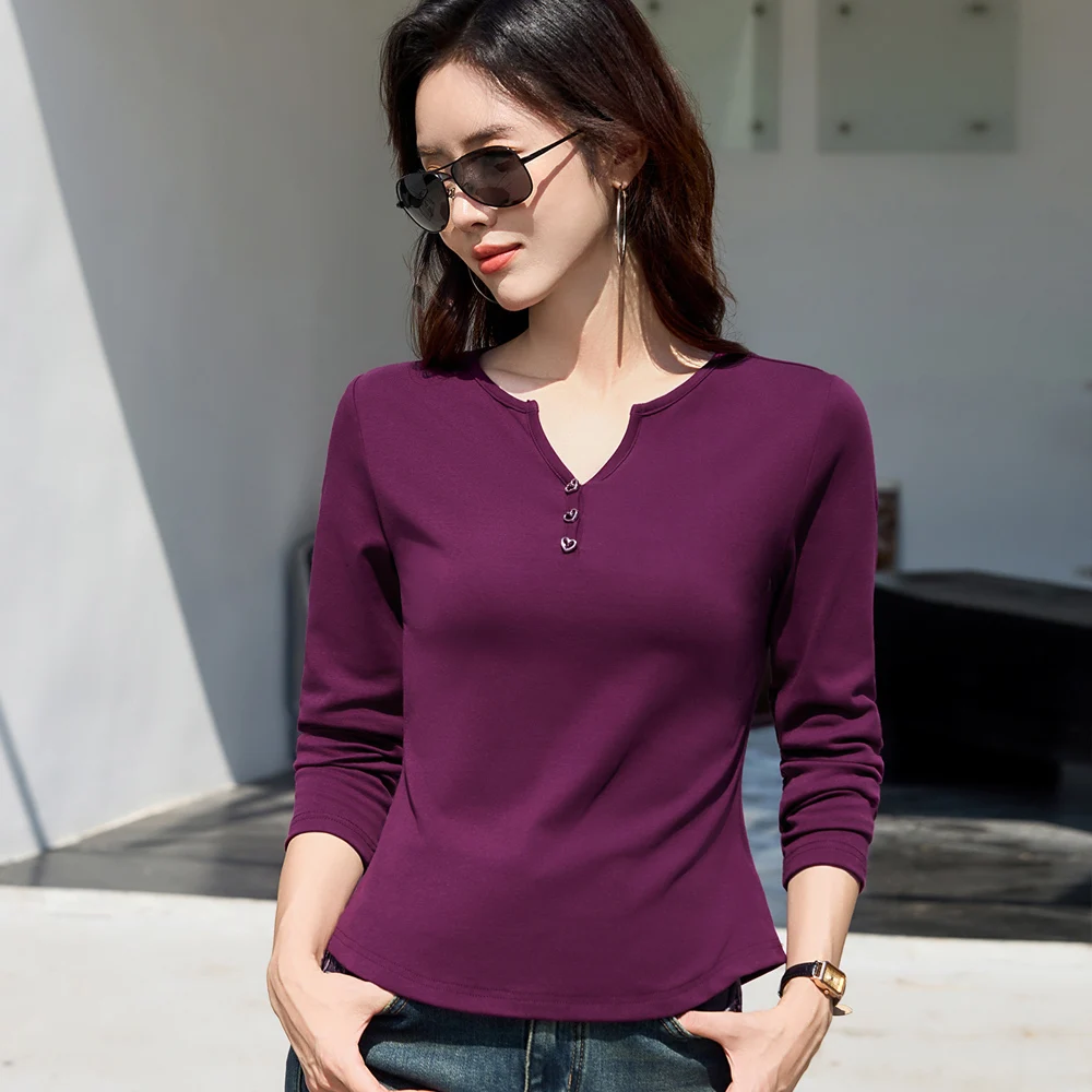 

Korean style purple long sleeved T-shirt for women in Spring and Autumn, new high-end cotton fashion plus size casual V-neck top