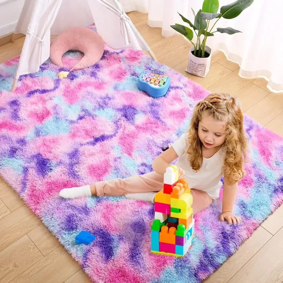 Soft Rainbow Area Rugs for Girls Room 5x8 Feet, Fluffy Girls Bedroom Rugs