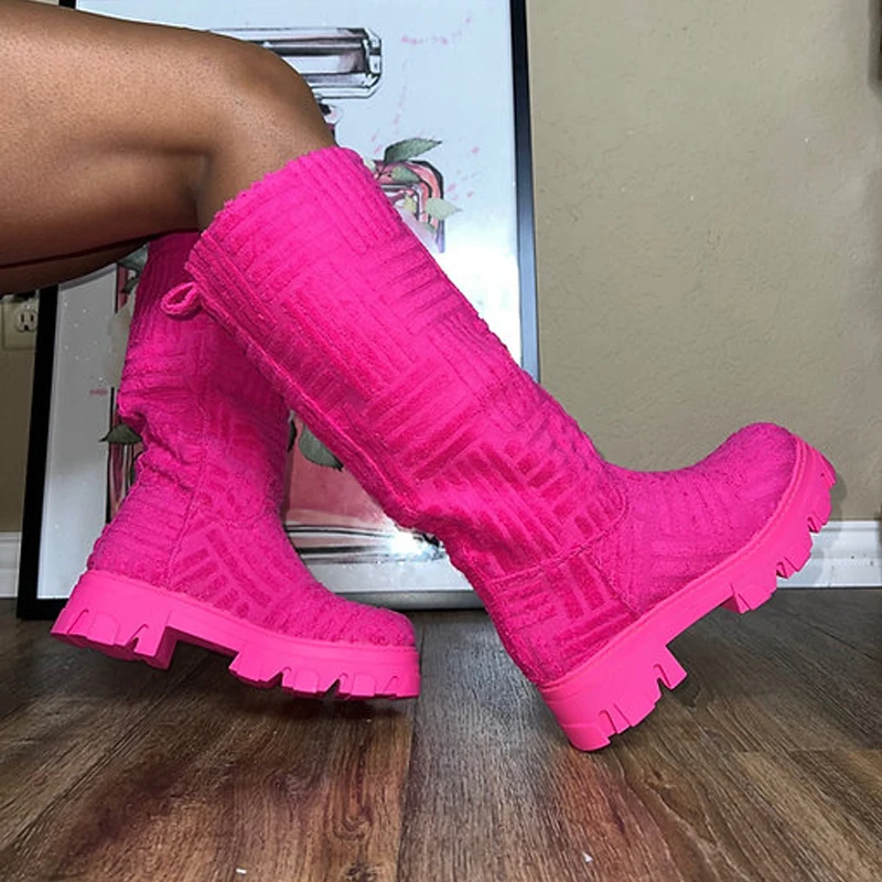 Chic Women Long Boots Brand Design Terry Cloth Knee-high Booties Ladies Thick Sole Pink Green Botas Tone To Tone