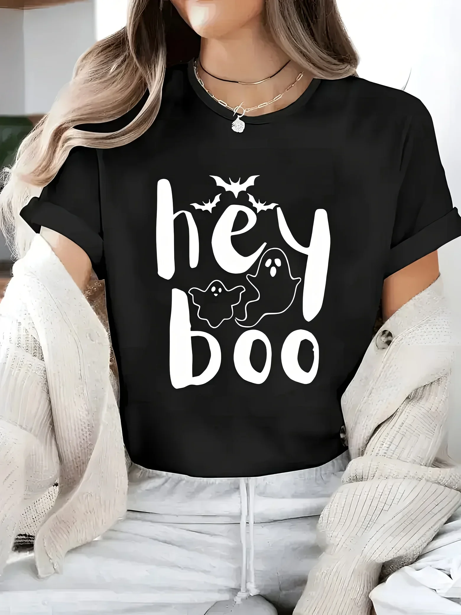

Hey Boo Ghost Printed Summer Women Casual Tshirt Short Sleeve Roundneck Tshirt Soft Women Summer Daily Wear Clothing