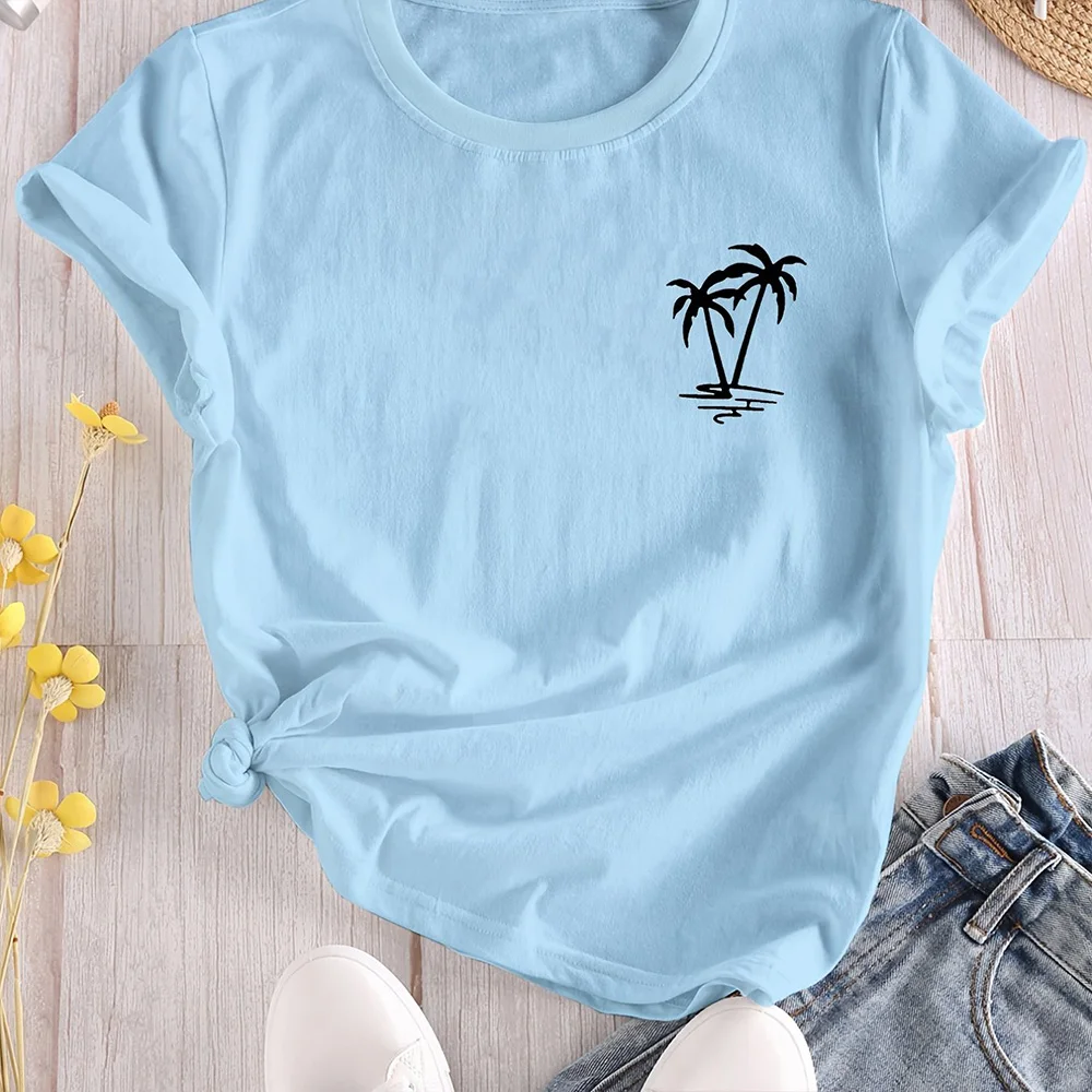 

Women's Fashion T-shirt Coconut Tree Print Top Casual Loose Clothing Summer Women's Party T-shirt Beach Short Sleeve 2024 New