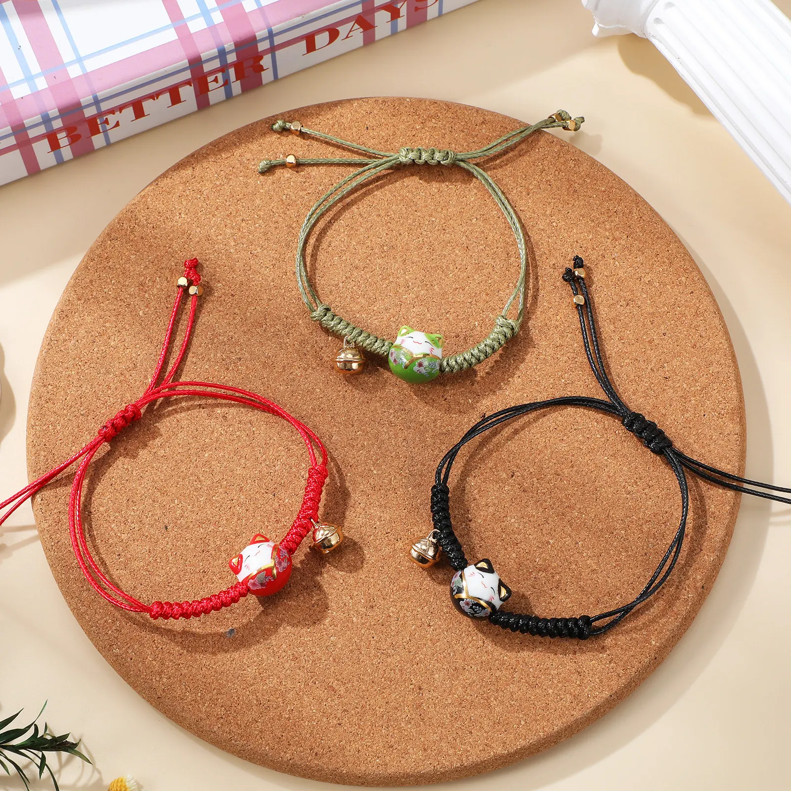 3Pcs Cat Maneki Neko Bracelet Lucky Charm Rope Bracelet Stack Minimalist Elegant Good Luck Jewelry Gift for Women and Men