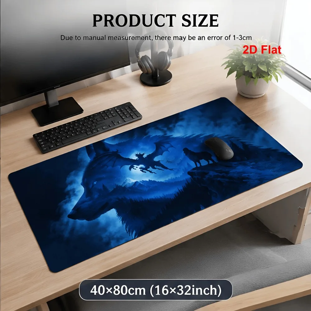 Game table mat with Dragon and Wolf Mountain print - simple and original design, suitable for gamers desk accessories