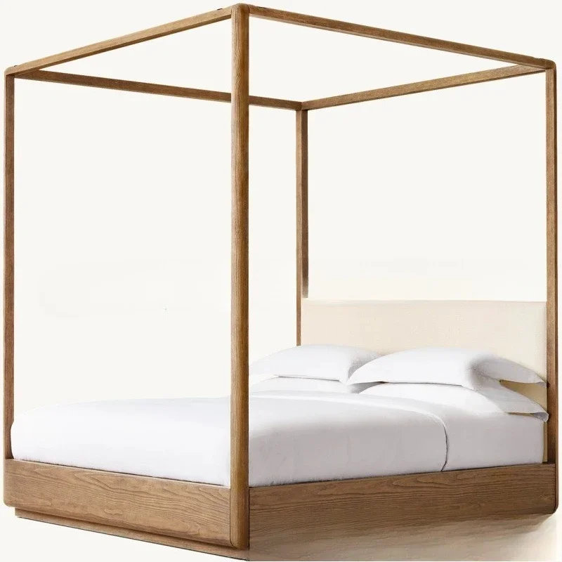 

Solid wood oak bed French retro light luxury four-poster Nordic shelf vertical column mosquito net gauze