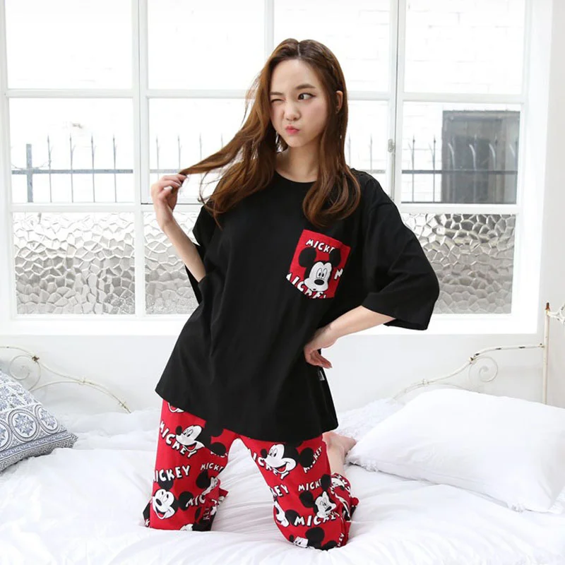 Disney Mickey summer new short-sleeved cute cartoon pajamas women\'s summer loose cropped pants loungewear