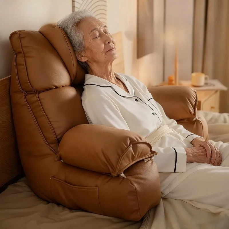 Ergonomic Leather Backrest Pillow for Elderly, Bed Headboard Lumbar Neck Support, Adult Large Cushion for Reading Relaxation