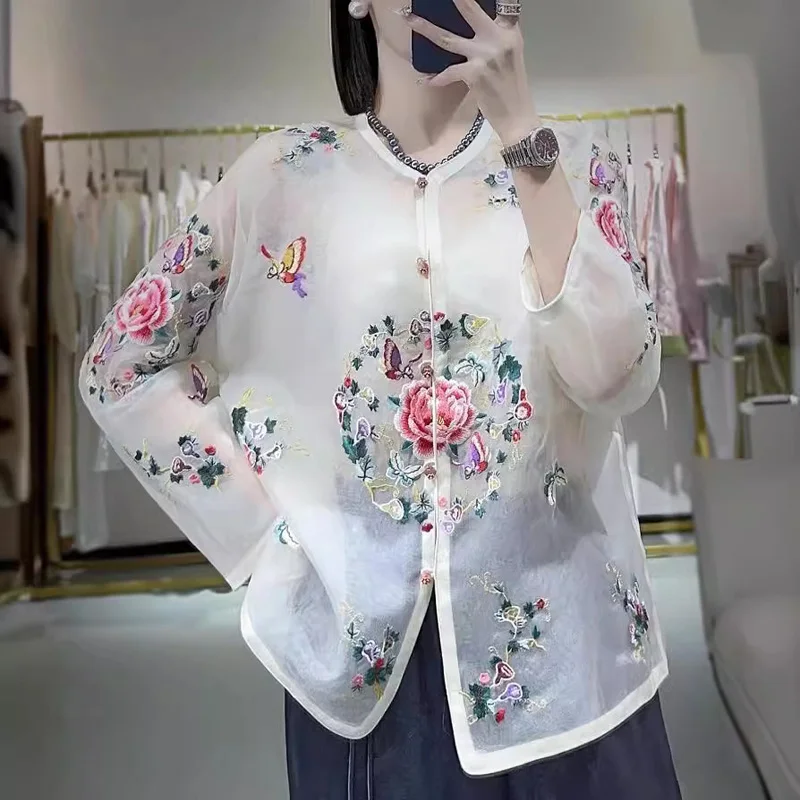 

High-end Women Silk Jacket Top Embroidery Flowers Tang Suit Elegant Lady Loose Coat Female S-XXL