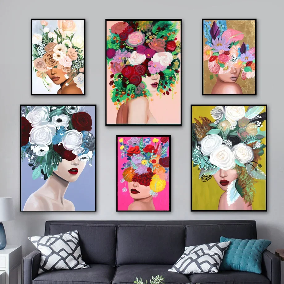 

Modern Colorful Tropical Wild Girl Portrait Flower Woman Wall Art Canvas - Living Room Decorative Posters And Prints