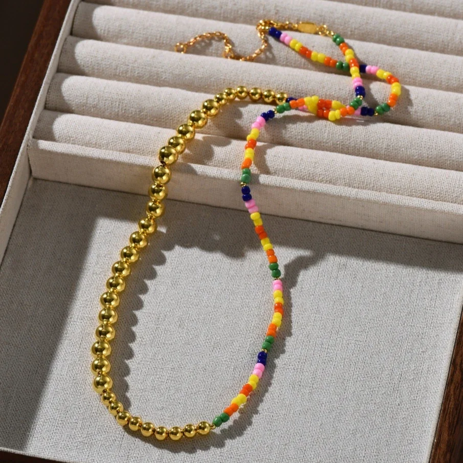 

New Fashion Brass Plated Gold Colored Beads Necklace Women Party Bohemian Style Jewelry Trend