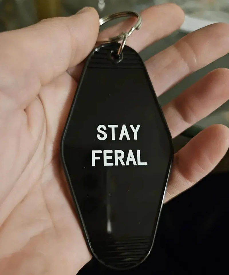 STAY FERAL Cute HOTEL KeyChain Keyring Tag Key Chains TV Show Office Fans Funny Accessory Custom logo