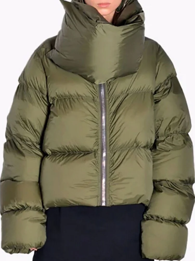 Scarf Collar Solid Short Cotton Coat Women Fashion Stand Collar Full Sleeve Hidden Buttons Puffer Jacket 2026 Lady Winter Wear