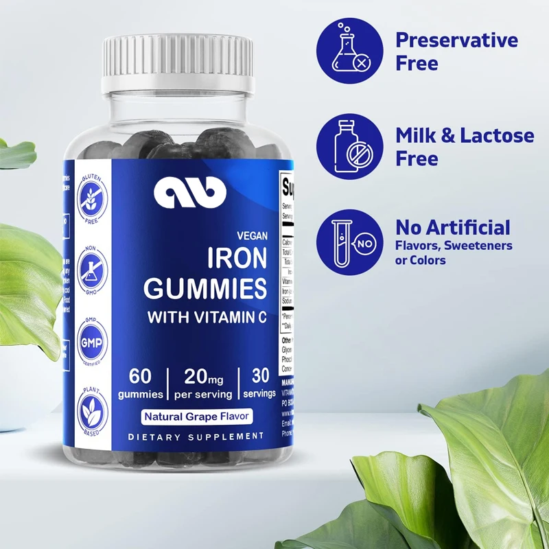 Male and female vitamin iron gummies supplement -20mg portion -60 vegetarian gummies - delicious iron gummies with vitamin C