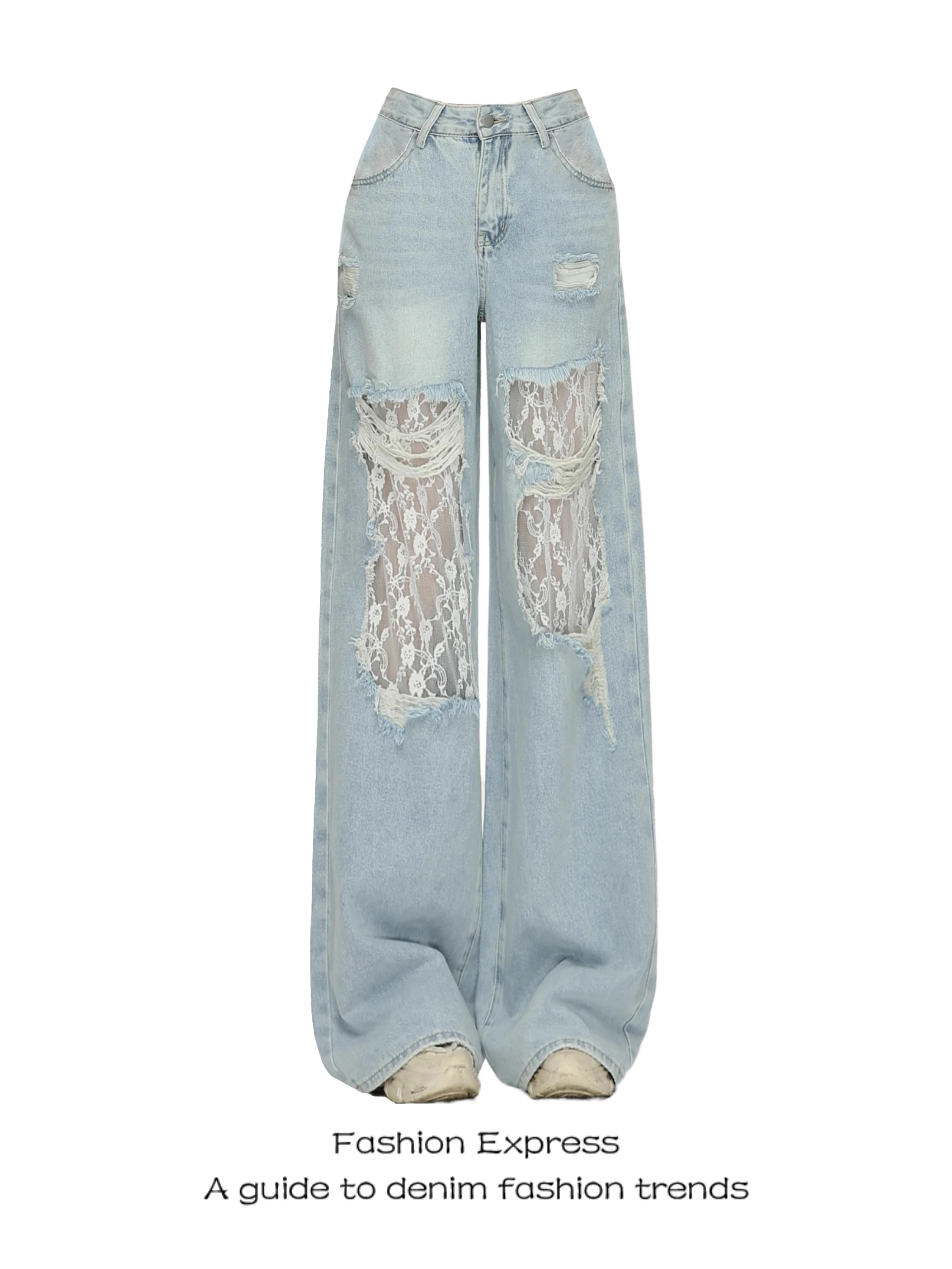 

Light Blue High Waist Lace Hole Denim Pants Women's Loose Wide Leg Straight Cut Spring Summer Trendy Casual Style Four Seasons