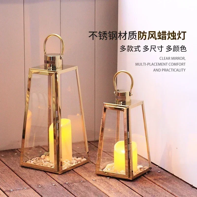 Wind lamp stainless steel candlestick gold glass lantern outdoor light luxury ornament silver decoration romantic