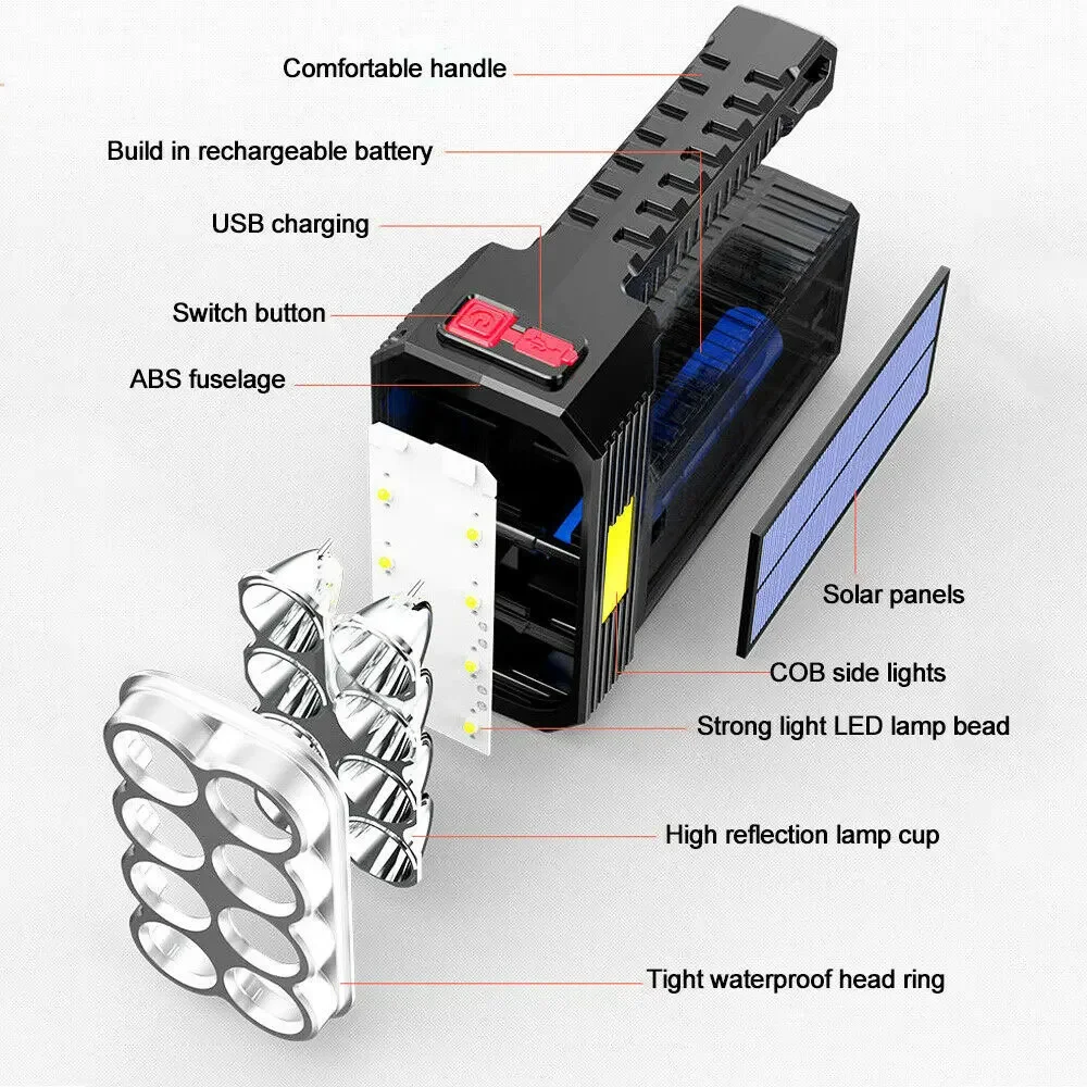 8LED Bulbs Solar Charging Handheld Flashlight USB Charge Portable Lamp 4 Bright Lighting Modes Outdoor Camping Searchlight