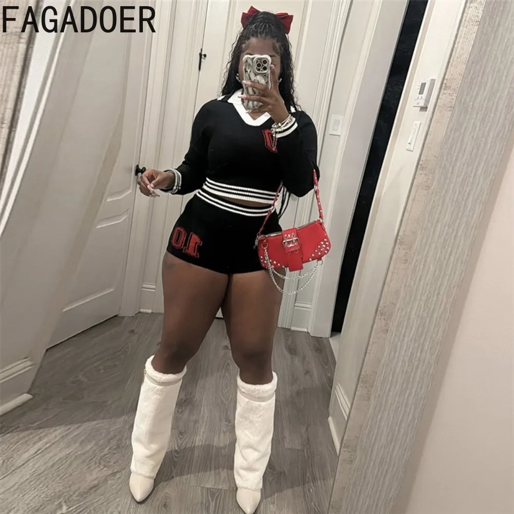 FAGADOER Sexy Knit 2 Piece Set Outfits Women Autumn Preppy Style Stripe Patchwork Cropped Sweater + Shorts Girls Y2k Streetwear