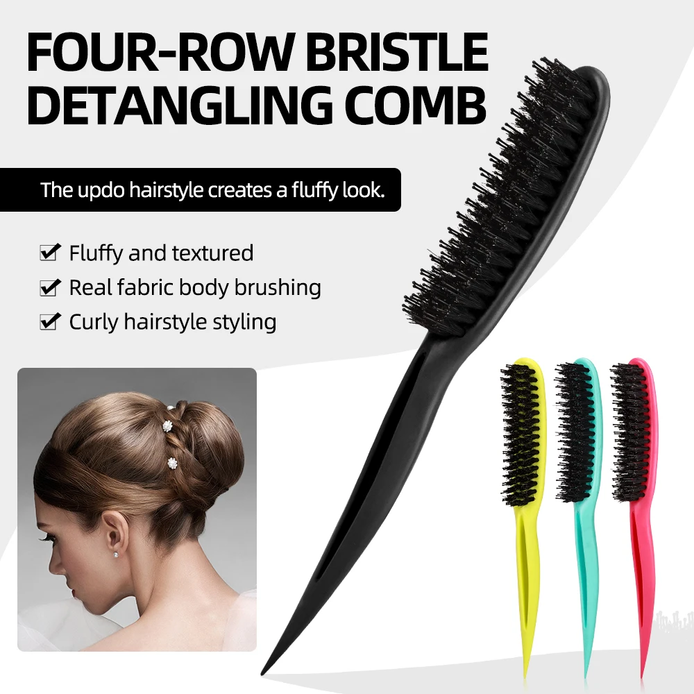 4-Row Bristle Teasing Comb, Rat Tail Sectioning Tool for Root Volume & Fluffy Updos, Anti-Static Salon Hair Styling Brush