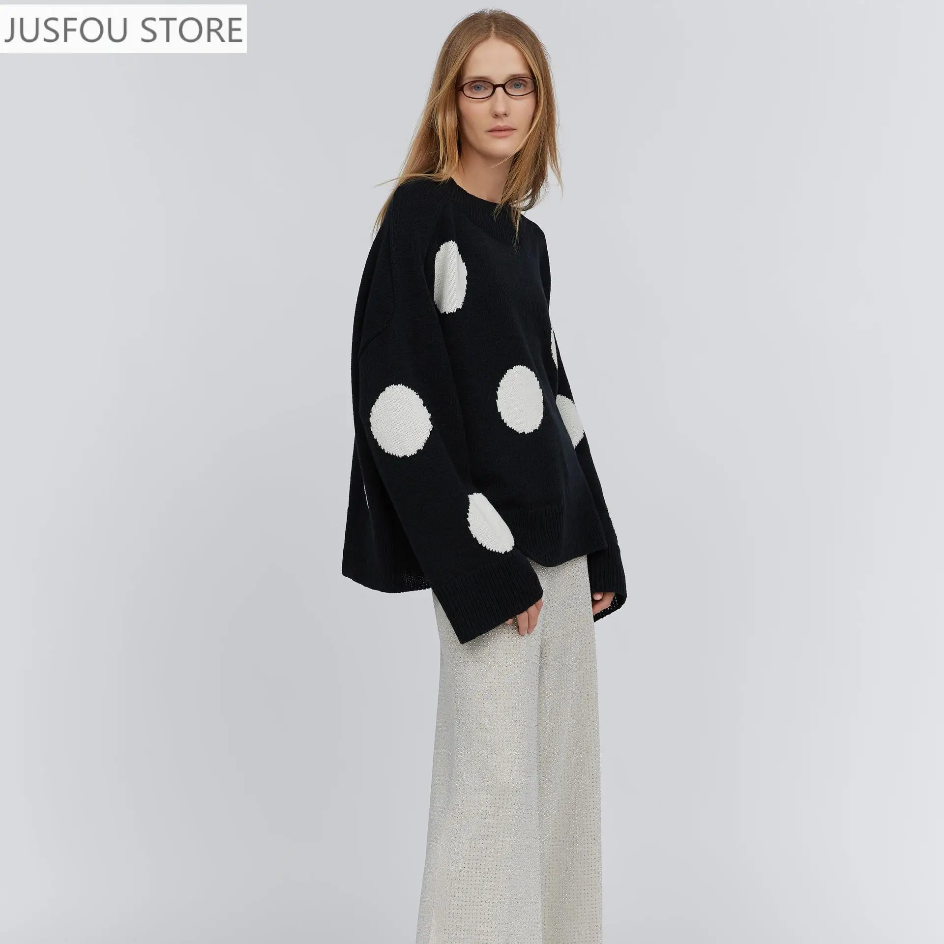 Herbst Rundhals Polka Dot Modische Rundhals Pullover Pullover Frauen Lose und Chic Pullover Gestrickte Bodenbildung Shirt Top