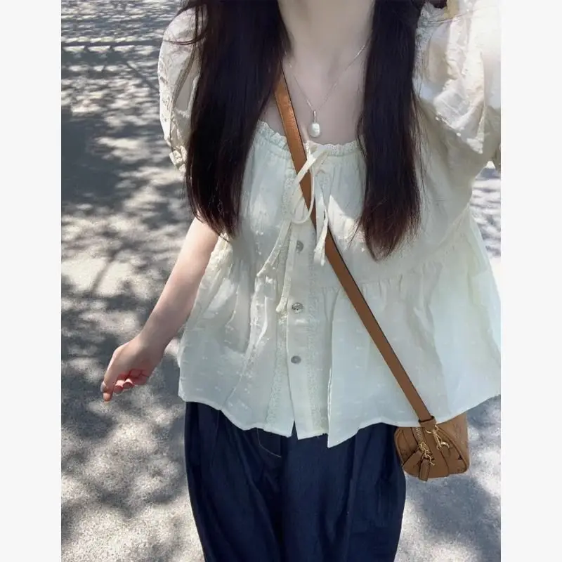 Women Ruffled Sweet Bandage Blouse Harajuku Single Breasted Tops Y2K Aesthetic Suare Collar Grunge Blusas Streetwear De Mujer view 5