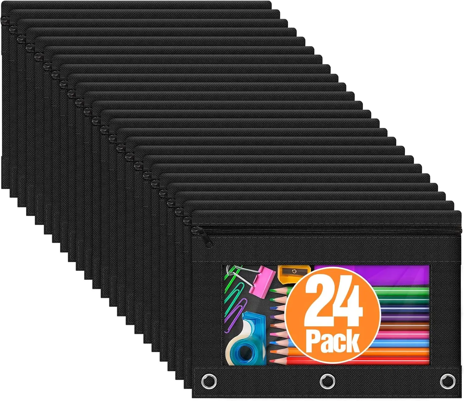

24 Pack Black Zipper Pencil Pouches with Clear Window for 3 Ring Binder, Bulk School Office Supplies