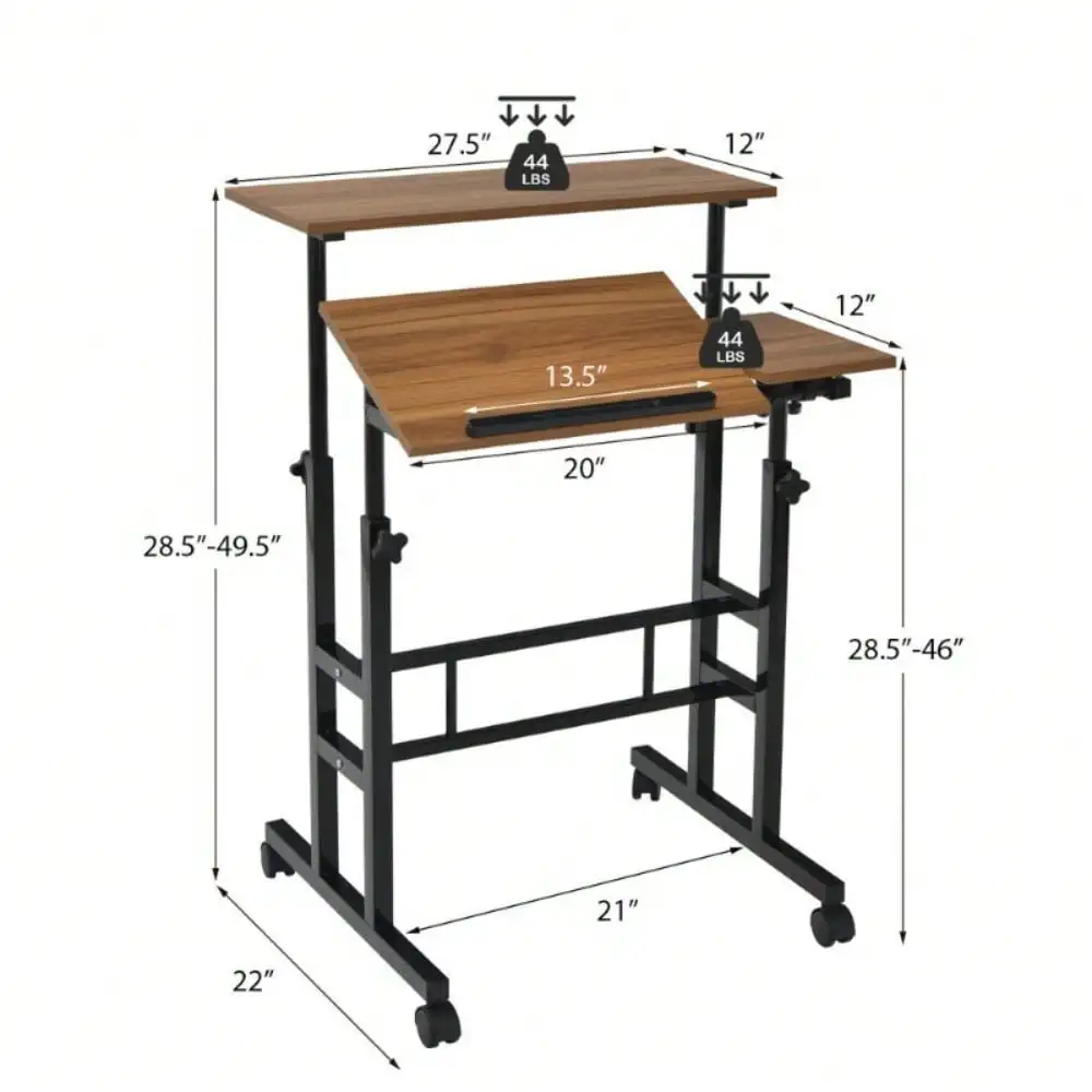 Mobile Stand up Desk Tilting Workstation Adjustable Computer Desk Walnut