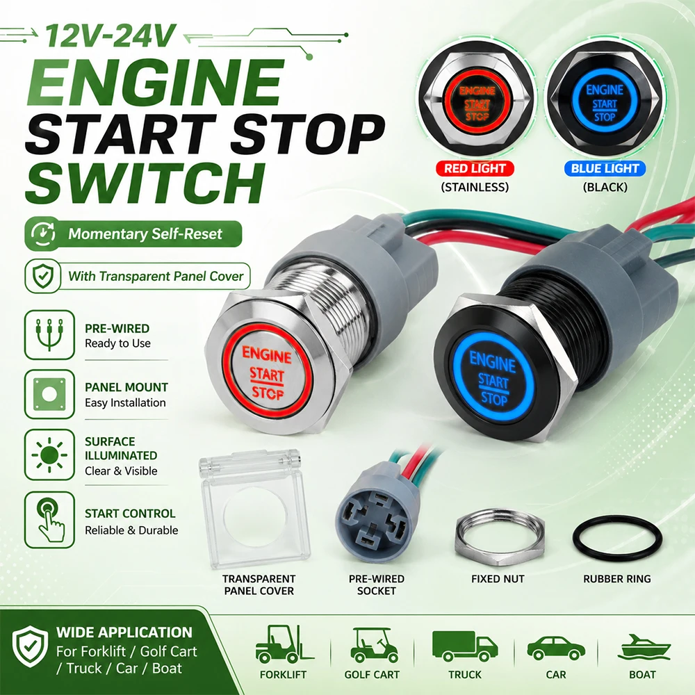 19mm Stainless Steel Ignition Starter Push Button Engine Start Stop Switch 12V-24VRed LED Momentary Self Reset W/Harness&Aux Cap