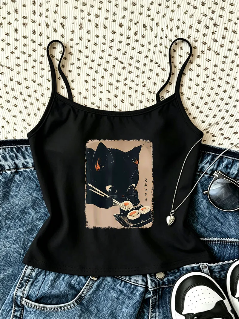 Streetwear Japanese Style Ramen Cat Print Camisole Top Casual Crop Top Vest Spring Summer Harajuku Women'S Tank Top