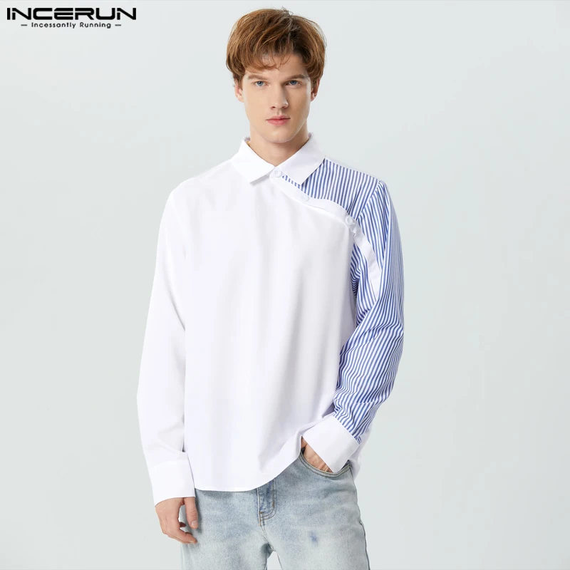 INCERUN 2023 Men Shirt Striped Patchwork Lapel Long Sleeve Casual Men Clothing Loose Streetwear Fashion Leisure Camisetas S-5XL