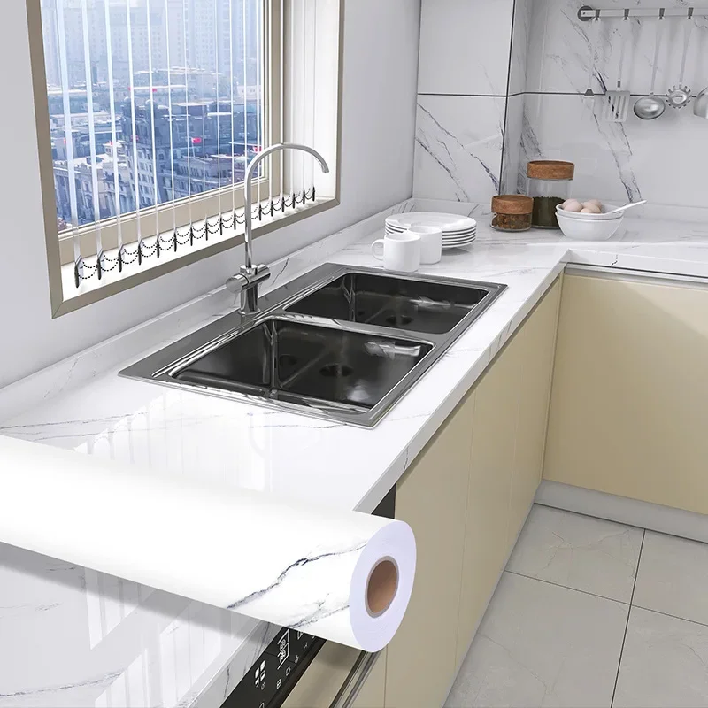 60cmx1/3/5/10m Wall Adhesive Wallpaper Waterproof Oil Proof Foil Marble Decor Sticker Kitchen Bathroom Renovation Decorative