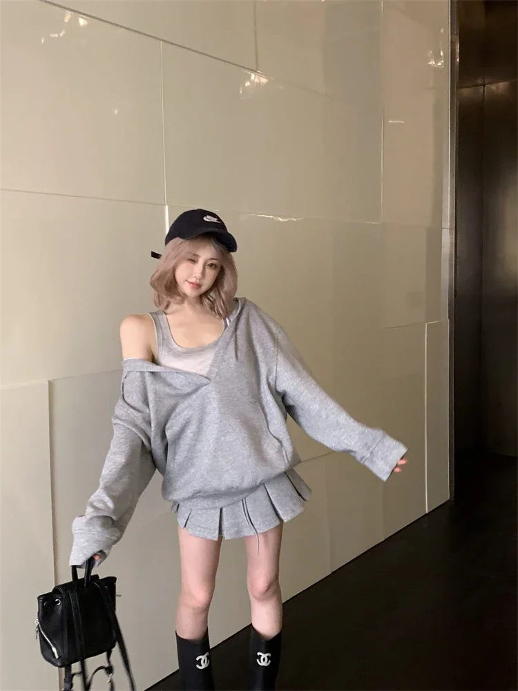 ADAgirl White V-neck Oversized Hoodie Grey Long Sleeve Sweatshirt Loose Casual Korean Fashion Autumn Winter Clothes Women Chic
