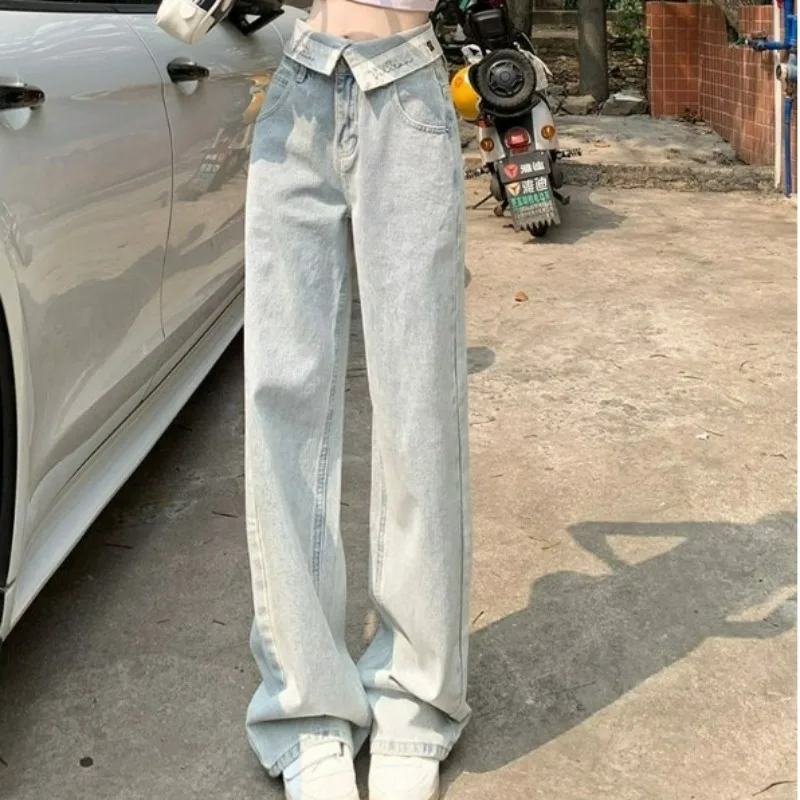 

New Spring Summer Design Feeling Small and Popular Flipped Wide Leg Jeans Women High Waist Slim Pants High Street Hip-hop