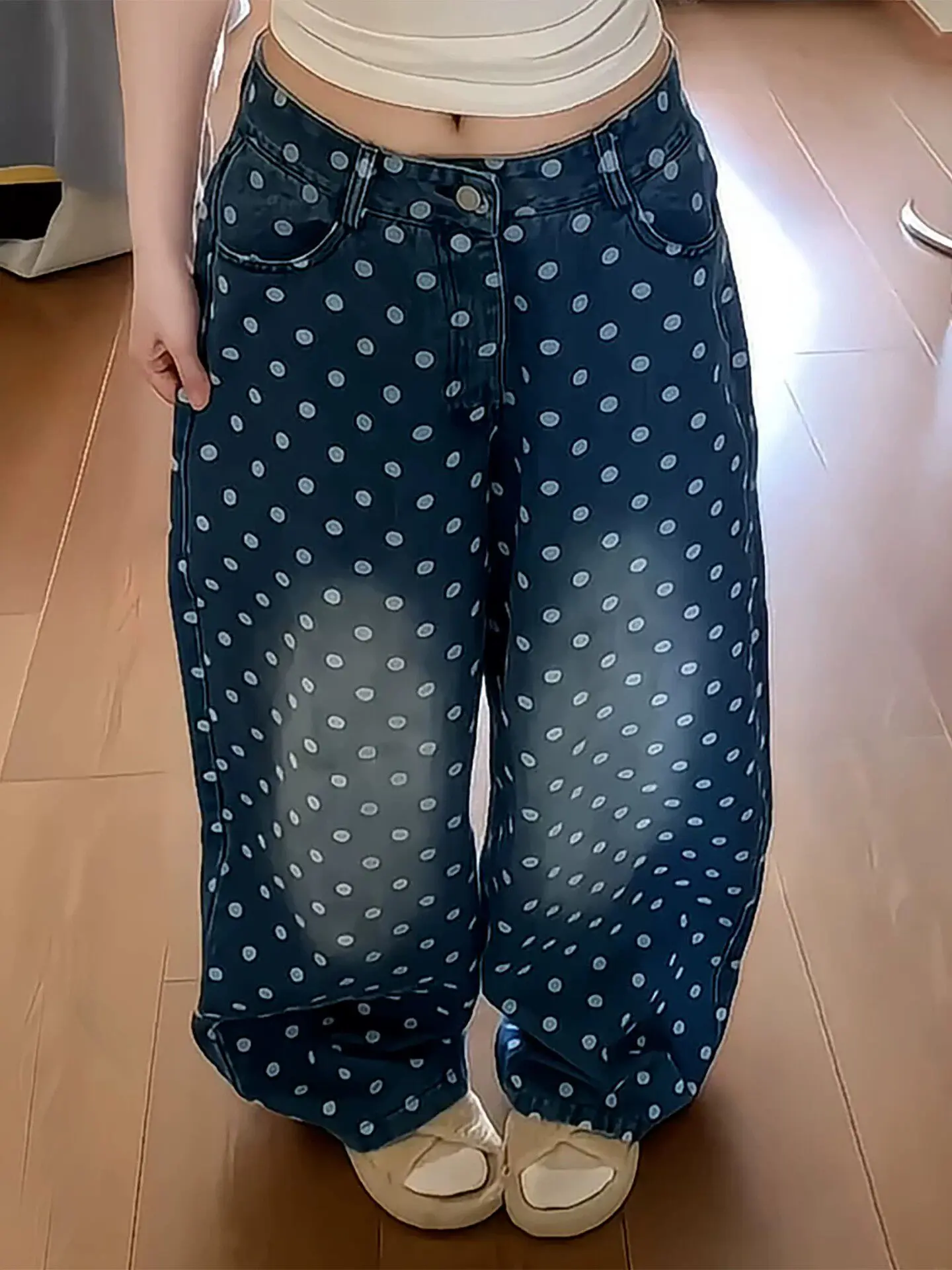 Calças Jeans Largas com Estampa de Poás Lavadas para Homens e Mulheres, Design Retro Americano, Casual e Versátil, Calças de ...