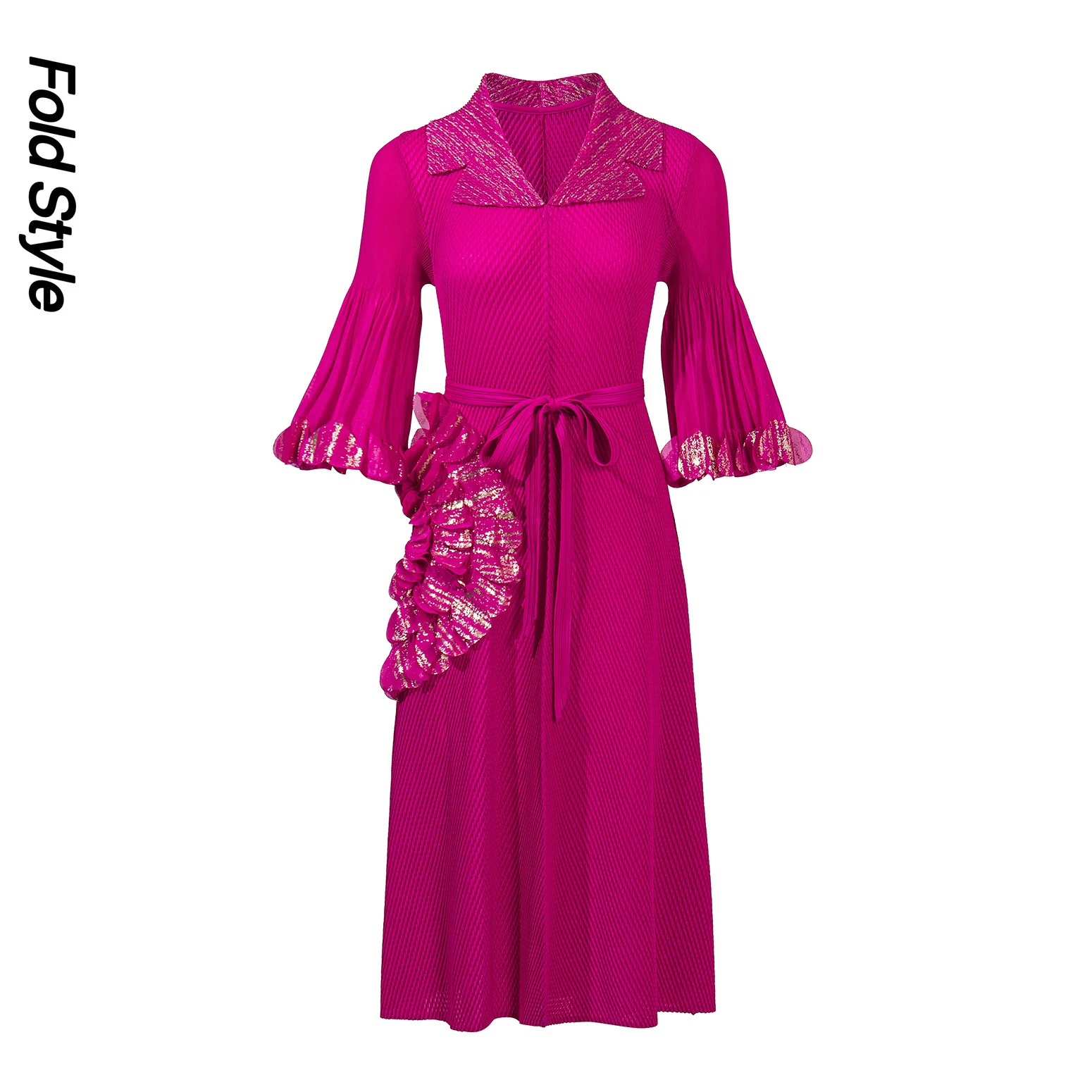 2026 Pleated Temperament New Dress Women's Elegant Commuting Fish Scale Pleated Waist Thin Horn Sleeve Medium and Long Dress