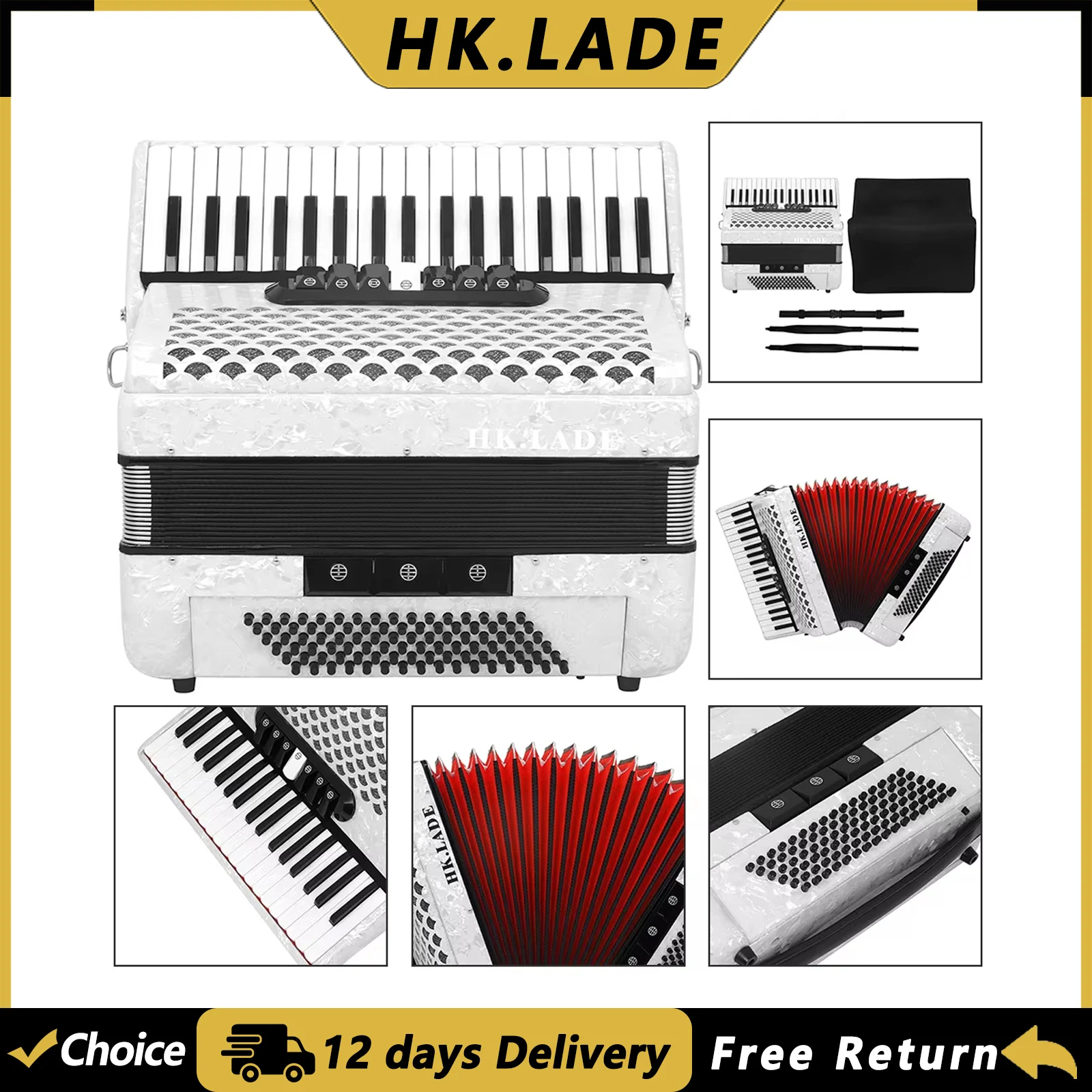 HK.LADE AH-100 Accordion 37 Keys 96 Bass Multiple-voice Accordion with Bag Strap Keyboard Instrument for Grading Performance